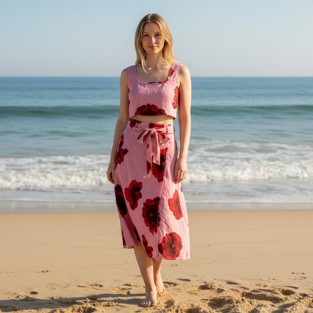 Paper Heart Pink Red Floral Linen Blend Crop Top and Skirt Set Small